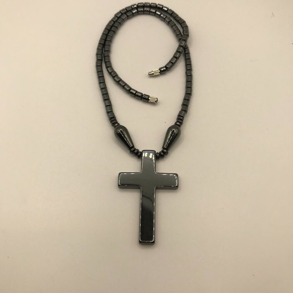 Hematite Cross on Hematite beaded 18-inch Necklace Pendant NEW Gift Box
